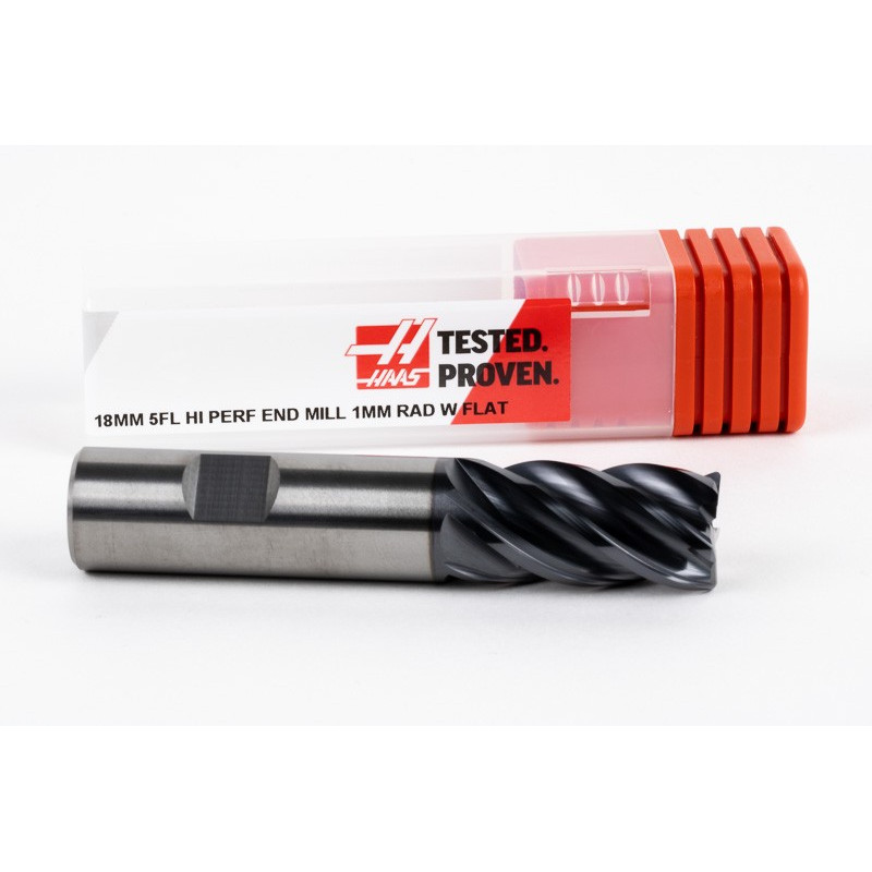 18mm Dia. Carbide End Mill, 5 Flute, AlTiN Coated, 18mm Weldon Shank x 32mm LOC, 1mm Radius, HTM