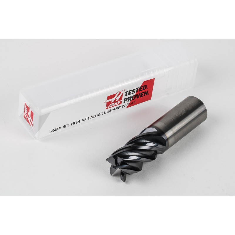 25mm Dia. Carbide End Mill, 5 Flute, AlTiN Coated, 25mm Weldon Shank x 40mm LOC, Square Profile, HTM