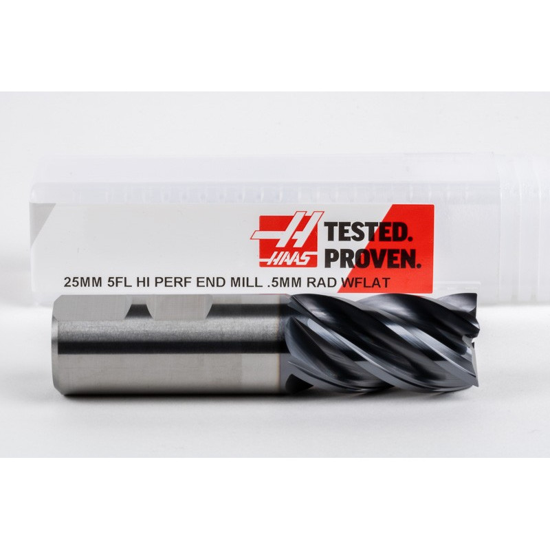 25mm Dia. Carbide End Mill, 5 Flute, AlTiN Coated, 25mm Weldon Shank x 40mm LOC, 0.5mm Radius, HTM