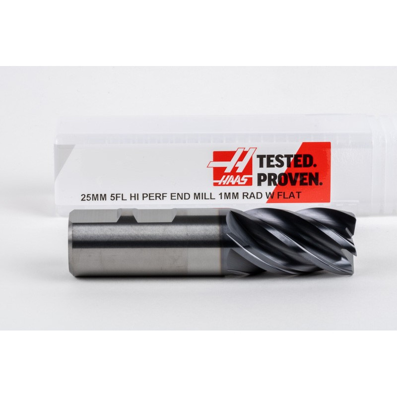 25mm Dia. Carbide End Mill, 5 Flute, AlTiN Coated, 25mm Weldon Shank x 40mm LOC, 1mm Radius, HTM