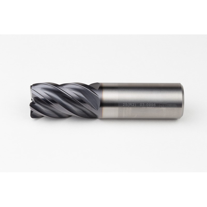 25mm Dia. Carbide End Mill, 5 Flute, AlTiN Coated, 25mm Weldon Shank x 40mm LOC, 2mm Radius, HTM