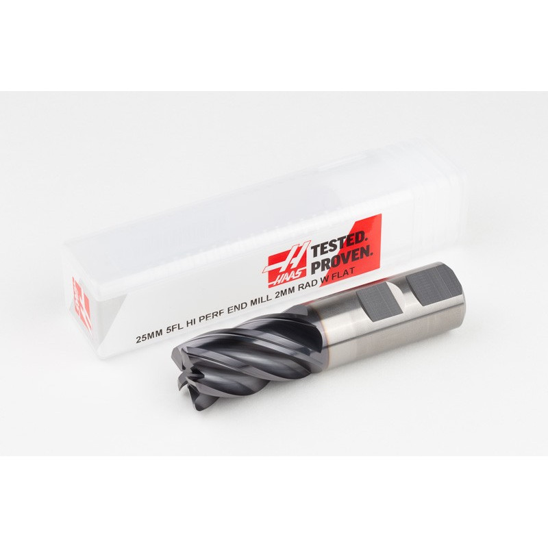 25mm Dia. Carbide End Mill, 5 Flute, AlTiN Coated, 25mm Weldon Shank x 40mm LOC, 2mm Radius, HTM