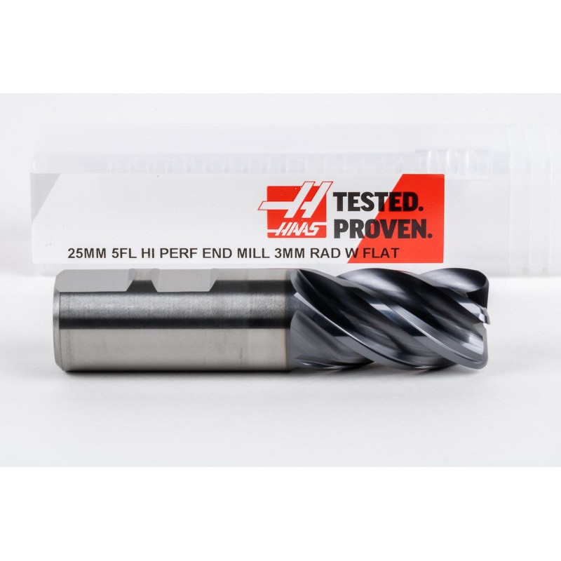 25mm Dia. Carbide End Mill, 5 Flute, AlTiN Coated, 25mm Weldon Shank x 40mm LOC, 3mm Radius, HTM