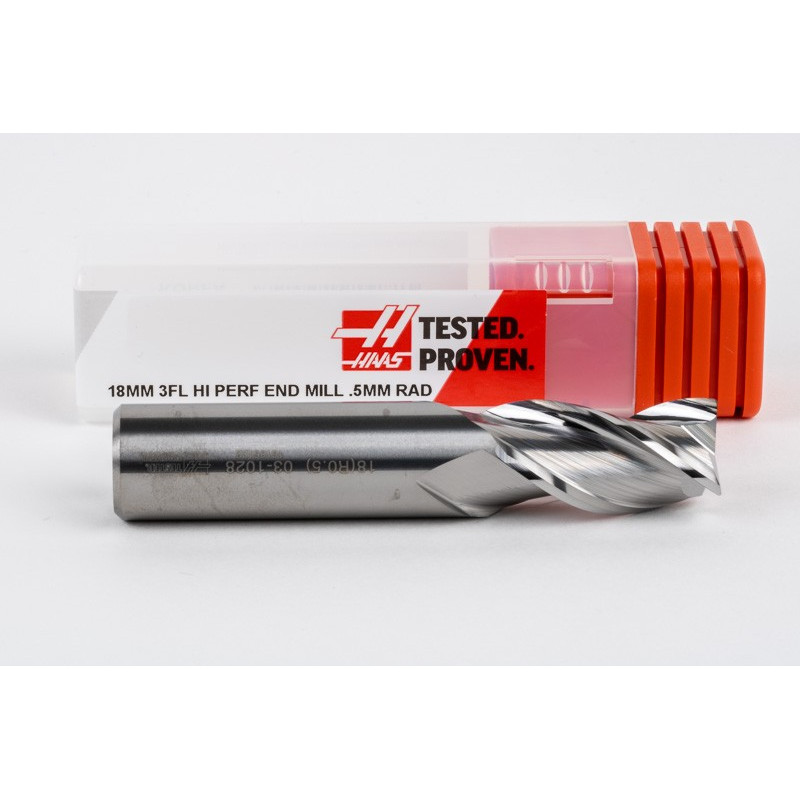 18mm Dia. Carbide End Mill, 3 Flute, Uncoated, 18mm Smooth Shank x 32mm LOC, 0.5mm Radius, HSAM2