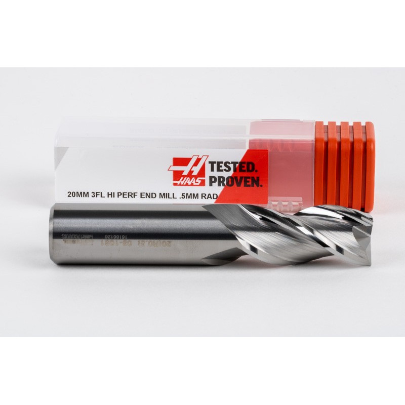 20mm Dia. Carbide End Mill, 3 Flute, Uncoated, 20mm Smooth Shank x 40mm LOC, 0.5mm Radius, HSAM2