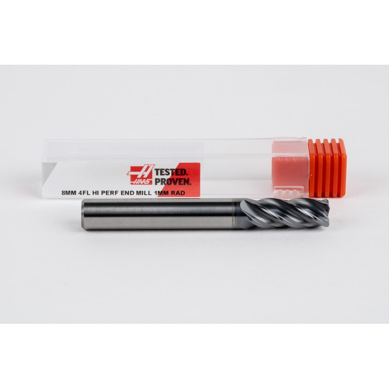 8mm Dia. Carbide End Mill, 4 Flute, Hyb. AlCrN Coated, 8mm Smooth Shank x 20mm LOC, 1mm Radius, HTPM