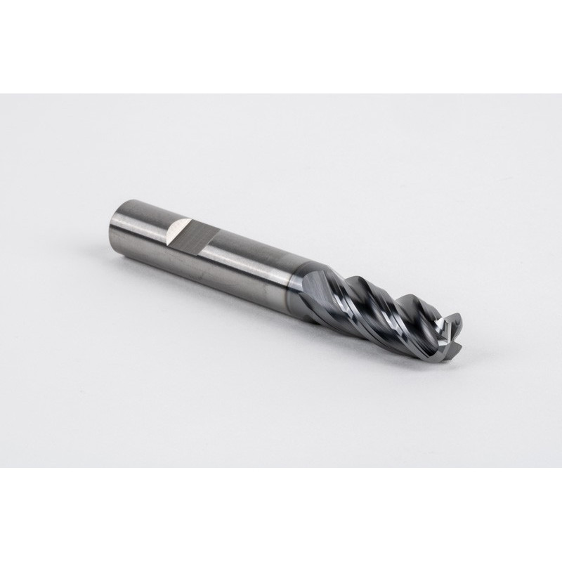 12mm Dia. Carbide End Mill, 4 Flute, Hyb. AlCrN Coated, 12mm Weldon Shank x 30mm LOC, 3mm Radius, HTPM
