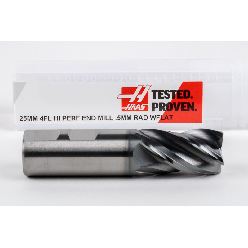 25mm Dia. Carbide End Mill, 4 Flute, Hyb. AlCrN Coated, 25mm Weldon Shank x 40mm LOC, 0.5mm Radius, HTPM