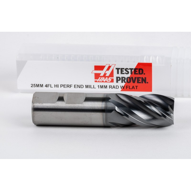 25mm Dia. Carbide End Mill, 4 Flute, Hyb. AlCrN Coated, 25mm Weldon Shank x 40mm LOC, 1mm Radius, HTPM