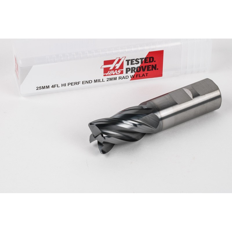 25mm Dia. Carbide End Mill, 4 Flute, Hyb. AlCrN Coated, 25mm Weldon Shank x 40mm LOC, 2mm Radius, HTPM