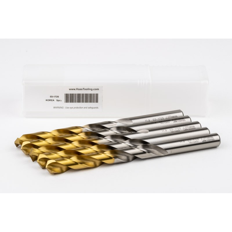 11.9mm Ø Cobalt Jobber Drill, 135° Point Angle x 30° Helix, 2 Flute, TiN Coated - Pack of 5