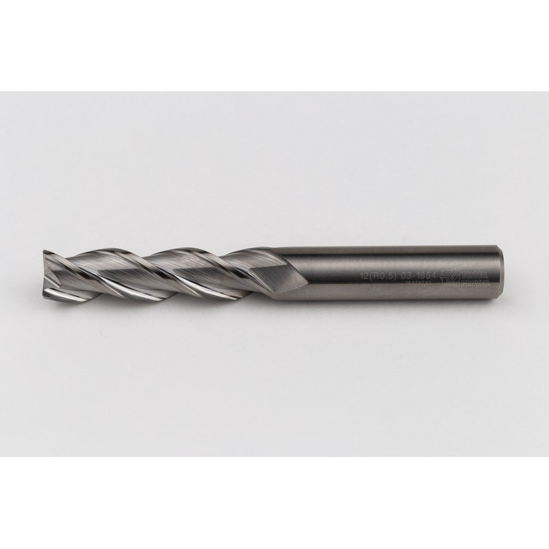 12mm Dia. Carbide End Mill, 3 Flute, Uncoated, 12mm Smooth Shank x 48mm LOC, 0.5mm Radius, HSAM2