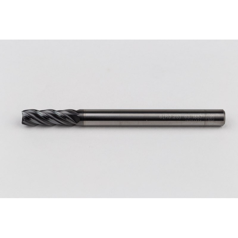 6mm Dia. Carbide End Mill, 4 Flute, Hyb. AlCrN Coated, 6mm Smooth Shank x 18mm LOC, 0.25mm Radius, HTPM