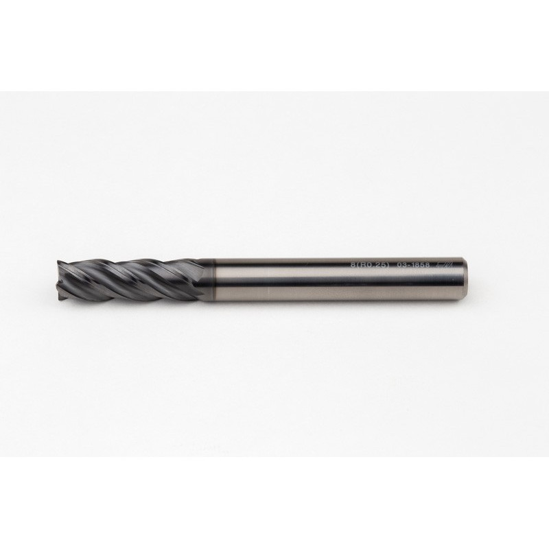 8mm Dia. Carbide End Mill, 4 Flute, Hyb. AlCrN Coated, 8mm Smooth Shank x 24mm LOC, 0.25mm Radius, HTPM