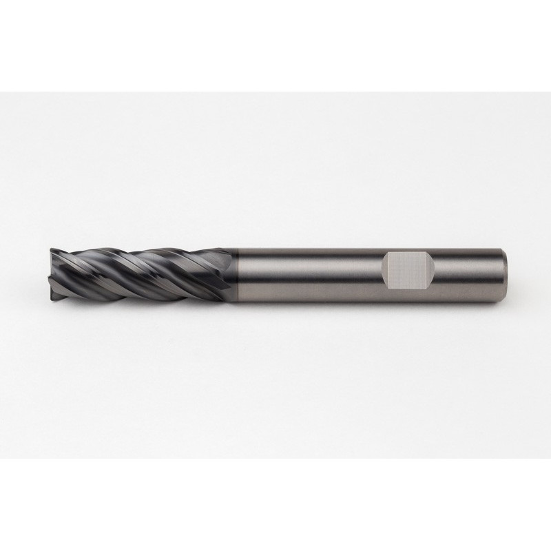 12mm Dia. Carbide End Mill, 4 Flute, Hyb. AlCrN Coated, 12mm Weldon Shank x 36mm LOC, 0.5mm Radius, HTPM