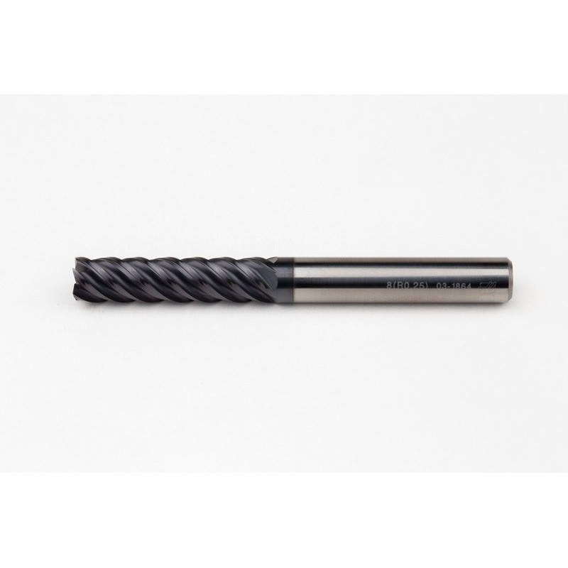 8mm Dia. Carbide End Mill, 5 Flute, AlTiN Coated, 8mm Smooth Shank x 32mm LOC, 0.25mm Radius, HTM