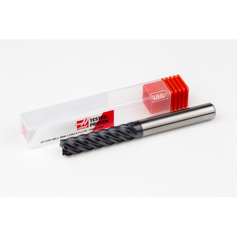 8mm Dia. Carbide End Mill, 5 Flute, AlTiN Coated, 8mm Smooth Shank x 32mm LOC, 0.25mm Radius, HTM