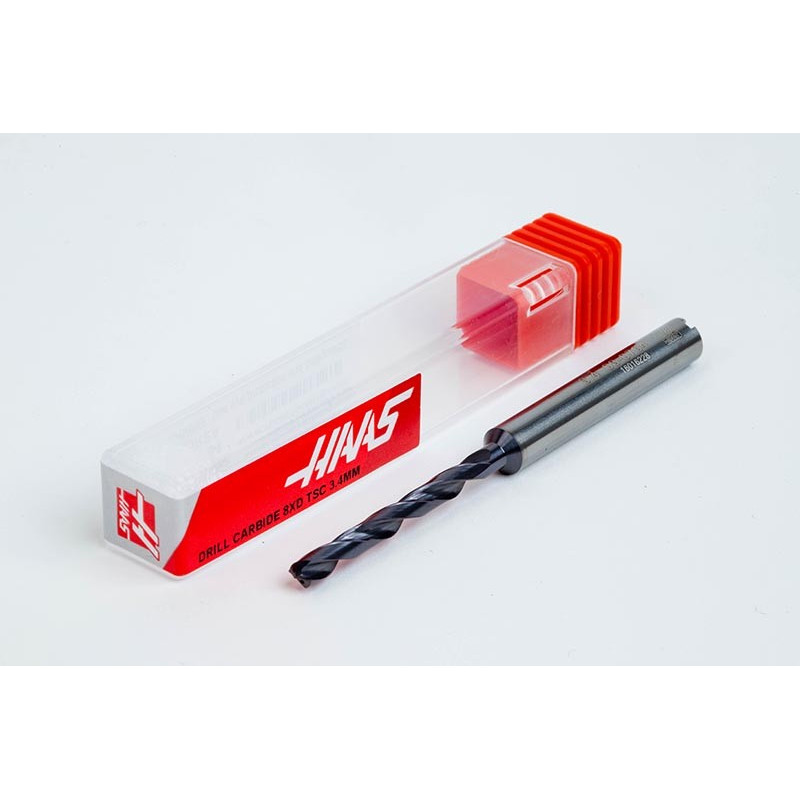 3.4mm Ø Carbide Drill, 6mm Shank x 140° Point Angle x 30° Helix, 8XD, 2 Flute, TiAlN Coated, GP, TSC