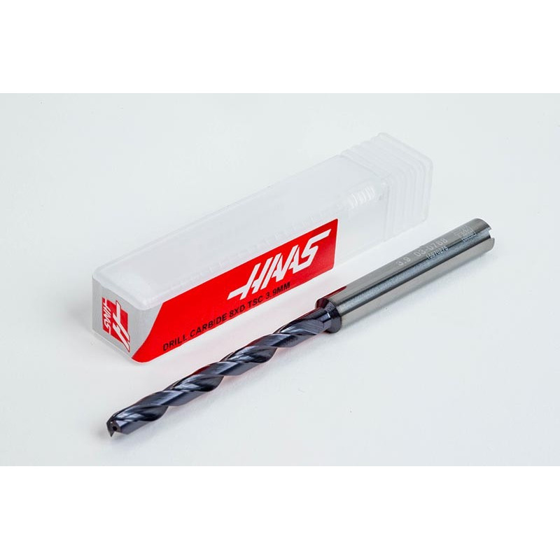 3.9mm Ø Carbide Drill, 6mm Shank x 140° Point Angle x 30° Helix, 8XD, 2 Flute, TiAlN Coated, GP, TSC