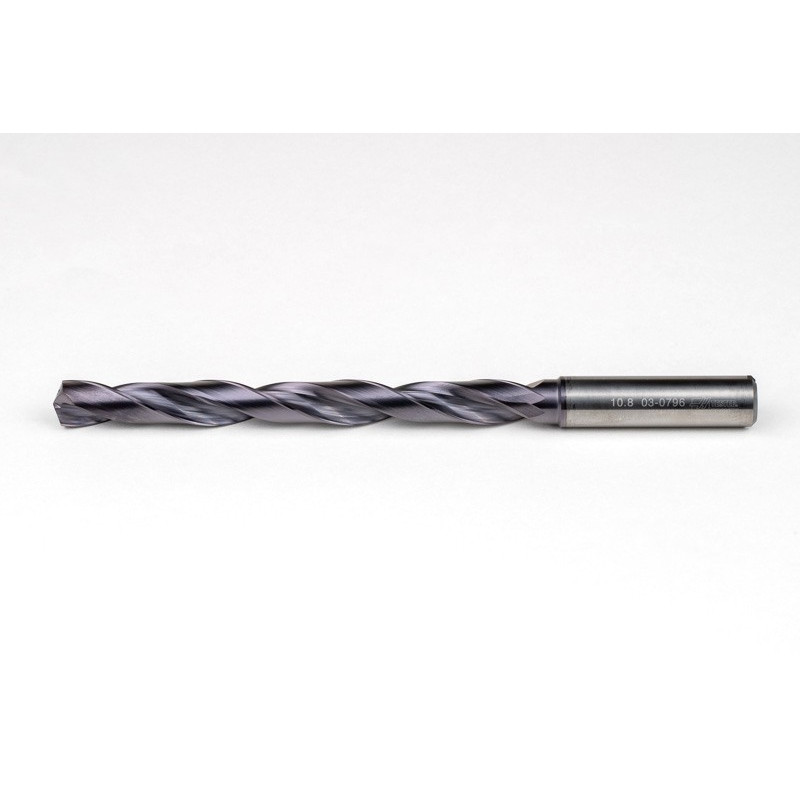 10.8mm Ø Carbide Drill, 12mm Shank x 140° Point Angle x 30° Helix, 8XD, 2 Flute, TiAlN Coated, GP, TSC