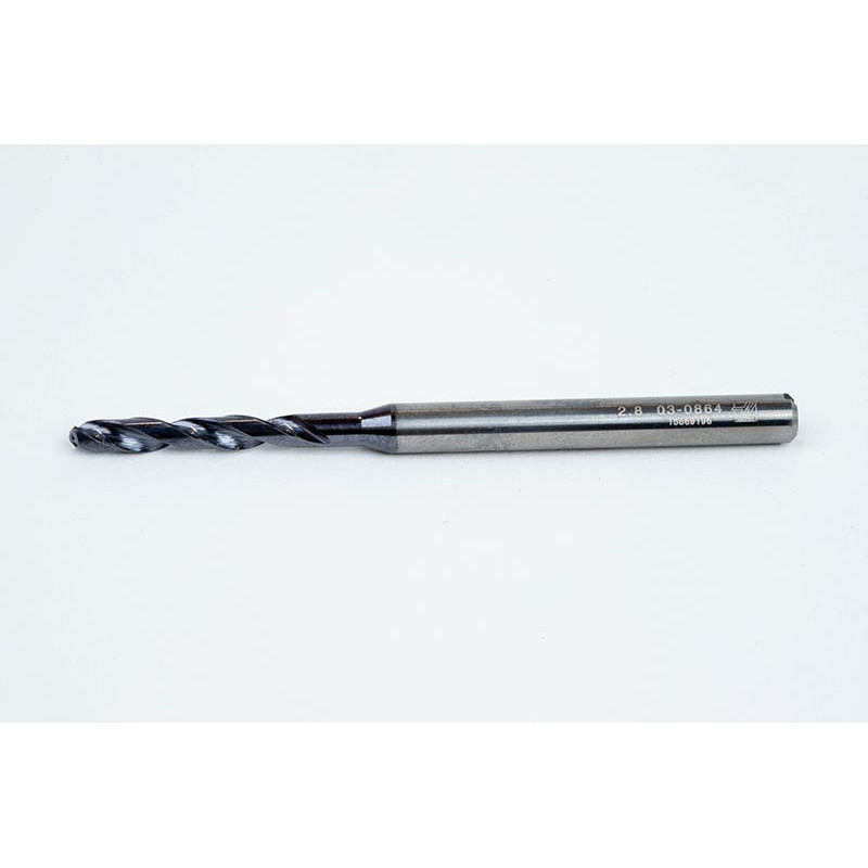 2.8mm Ø Carbide Drill, 4mm Shank x 140° Point Angle x 30° Helix, 5XD, 2 Flute, TiAlN Coated, Inox / SS, TSC
