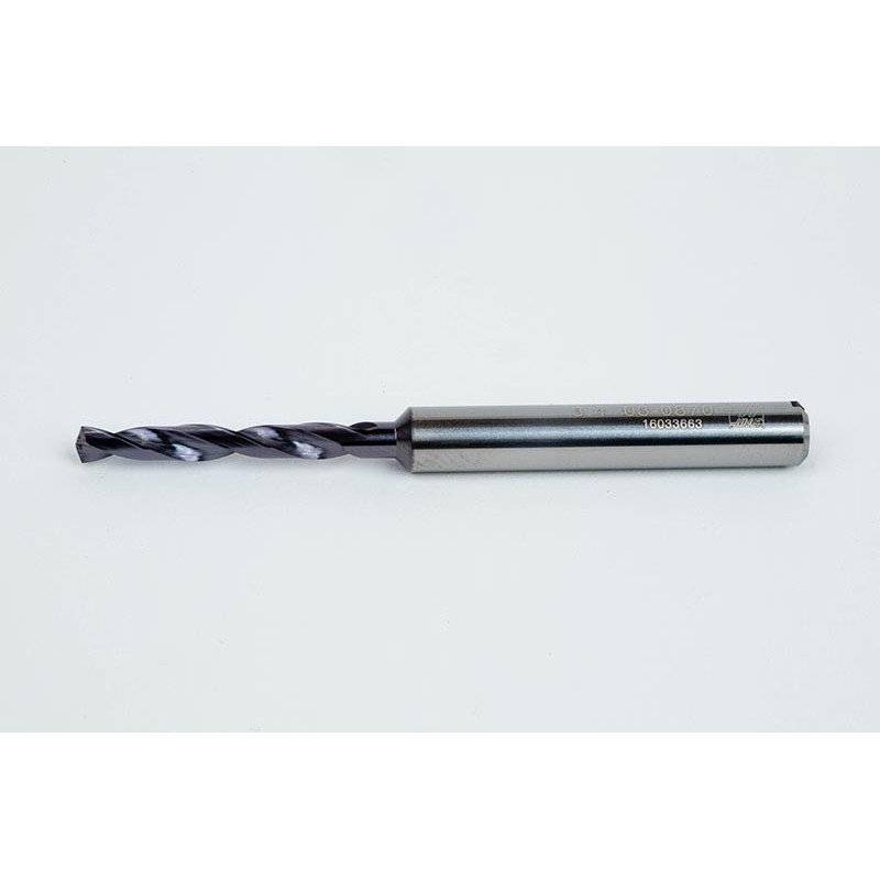 3.4mm Ø Carbide Drill, 6mm Shank x 140° Point Angle x 30° Helix, 5XD, 2 Flute, TiAlN Coated, Inox / SS, TSC