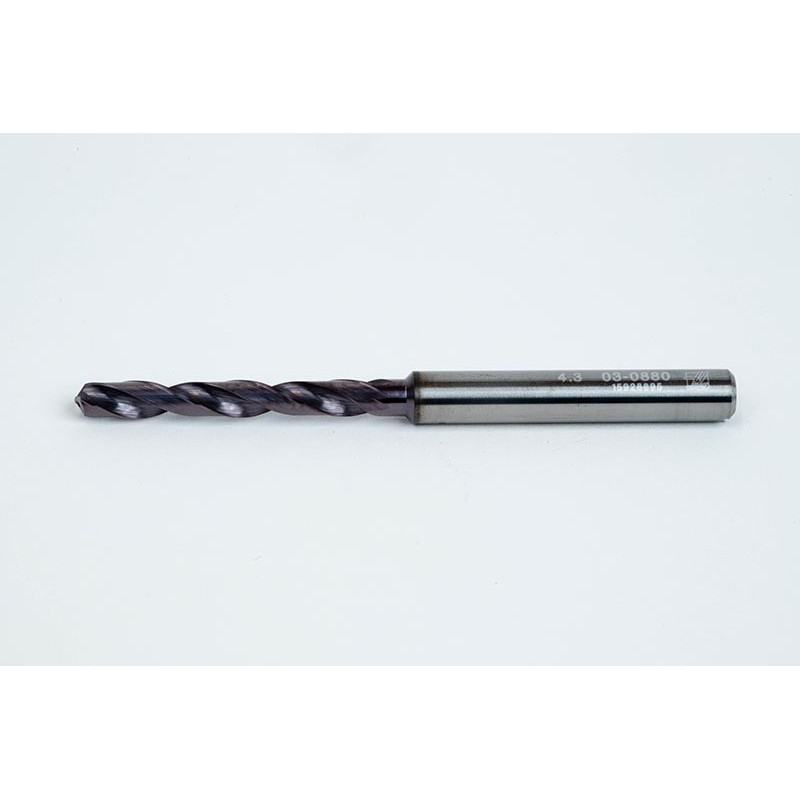 4.3mm Ø Carbide Drill, 6mm Shank x 140° Point Angle x 30° Helix, 5XD, 2 Flute, TiAlN Coated, Inox / SS, TSC