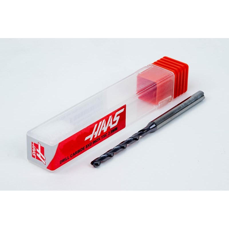 2.8mm Ø Carbide Drill, 4mm Shank x 140° Point Angle x 30° Helix, 8XD, 2 Flute, TiAlN Coated, Inox / SS, TSC