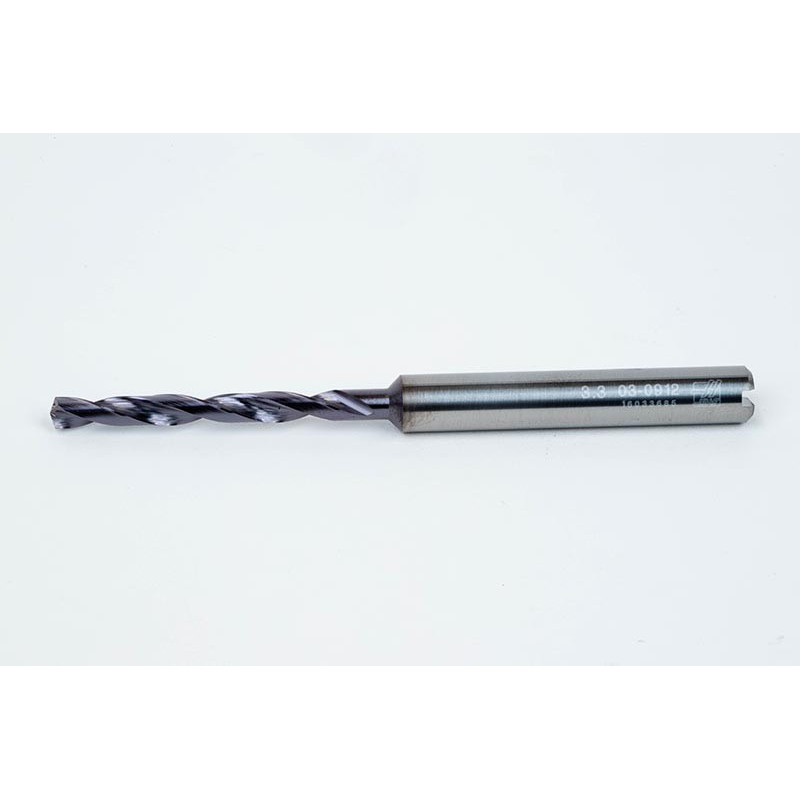 3.3mm Ø Carbide Drill, 6mm Shank x 140° Point Angle x 30° Helix, 8XD, 2 Flute, TiAlN Coated, Inox / SS, TSC