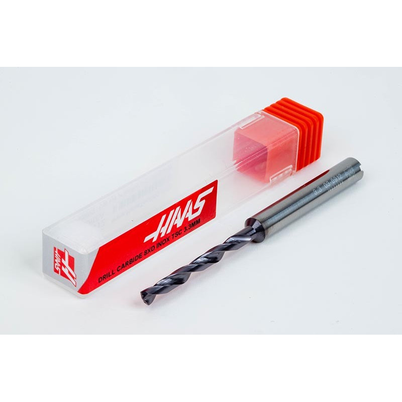 3.3mm Ø Carbide Drill, 6mm Shank x 140° Point Angle x 30° Helix, 8XD, 2 Flute, TiAlN Coated, Inox / SS, TSC