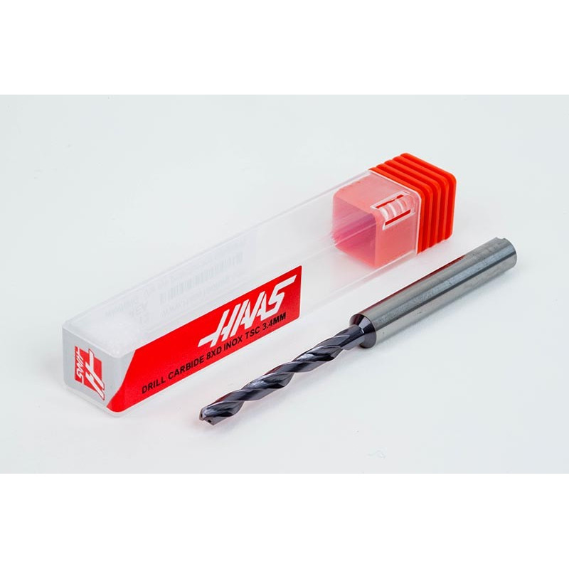 3.4mm Ø Carbide Drill, 6mm Shank x 140° Point Angle x 30° Helix, 8XD, 2 Flute, TiAlN Coated, Inox / SS, TSC