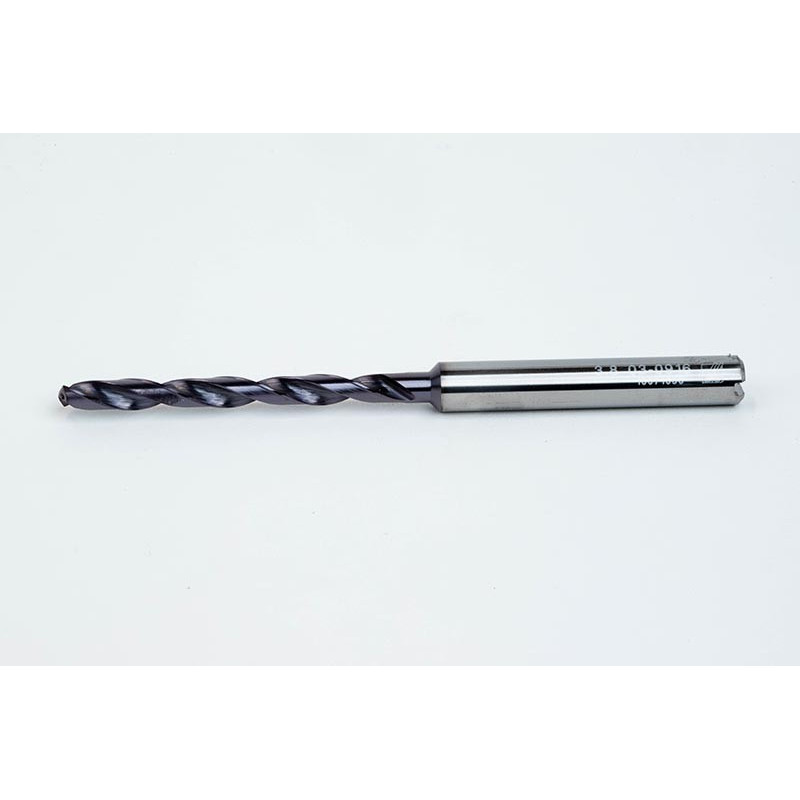 3.8mm Ø Carbide Drill, 6mm Shank x 140° Point Angle x 30° Helix, 8XD, 2 Flute, TiAlN Coated, Inox / SS, TSC