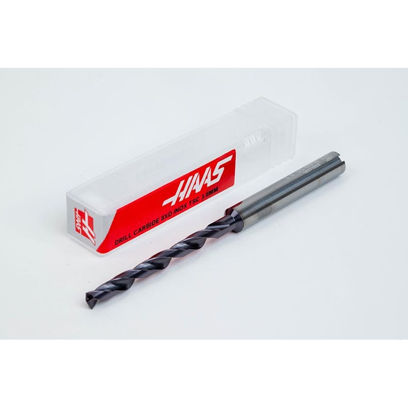3.8mm Ø Carbide Drill, 6mm Shank x 140° Point Angle x 30° Helix, 8XD, 2 Flute, TiAlN Coated, Inox / SS, TSC