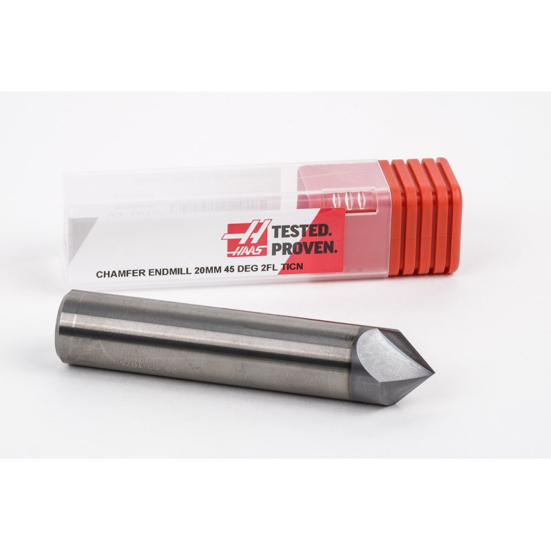20mm Dia. 45° Carbide Chamfer Mill, 2 Flute, TiCN Coated, 10mm LOC x 100mm Overall Length, HSAM1