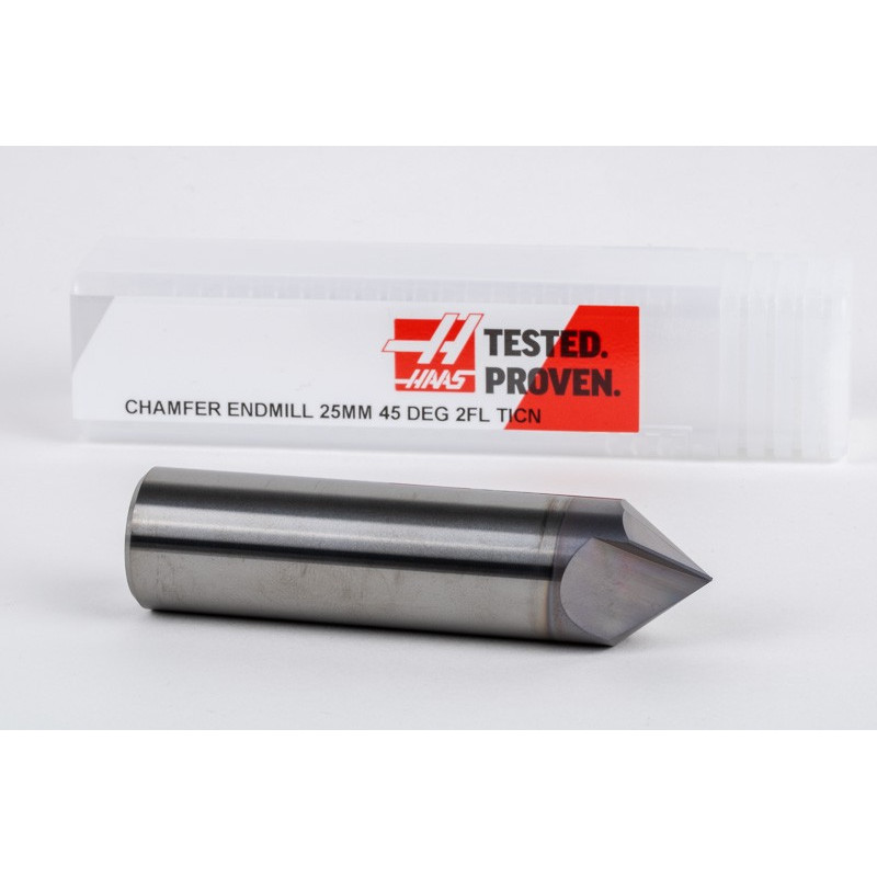 25mm Dia. 45° Carbide Chamfer Mill, 2 Flute, TiCN Coated, 12.5mm LOC x 100mm Overall Length, HSAM1