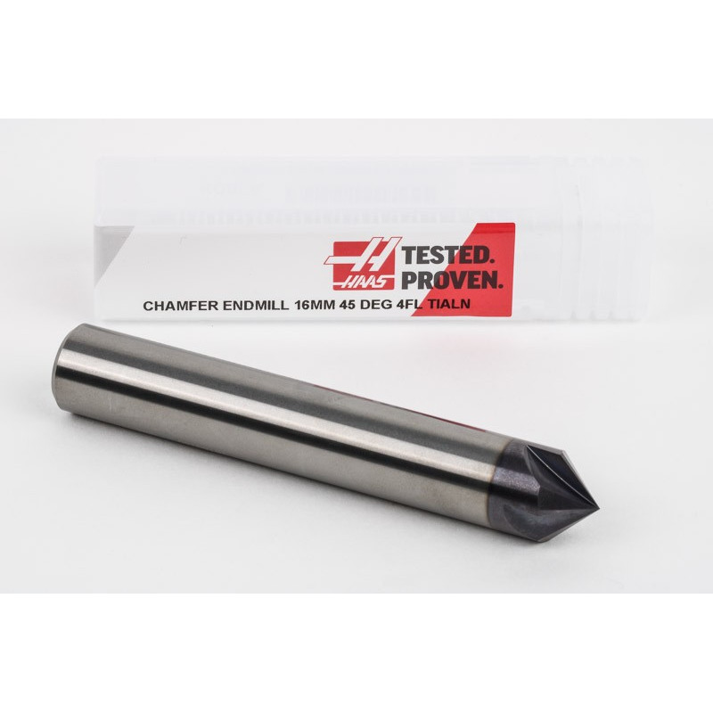 16mm Dia. 45° Carbide Chamfer Mill, 4 Flute, TiAlN Coated, 8mm LOC x 100mm Overall Length, HSPM1