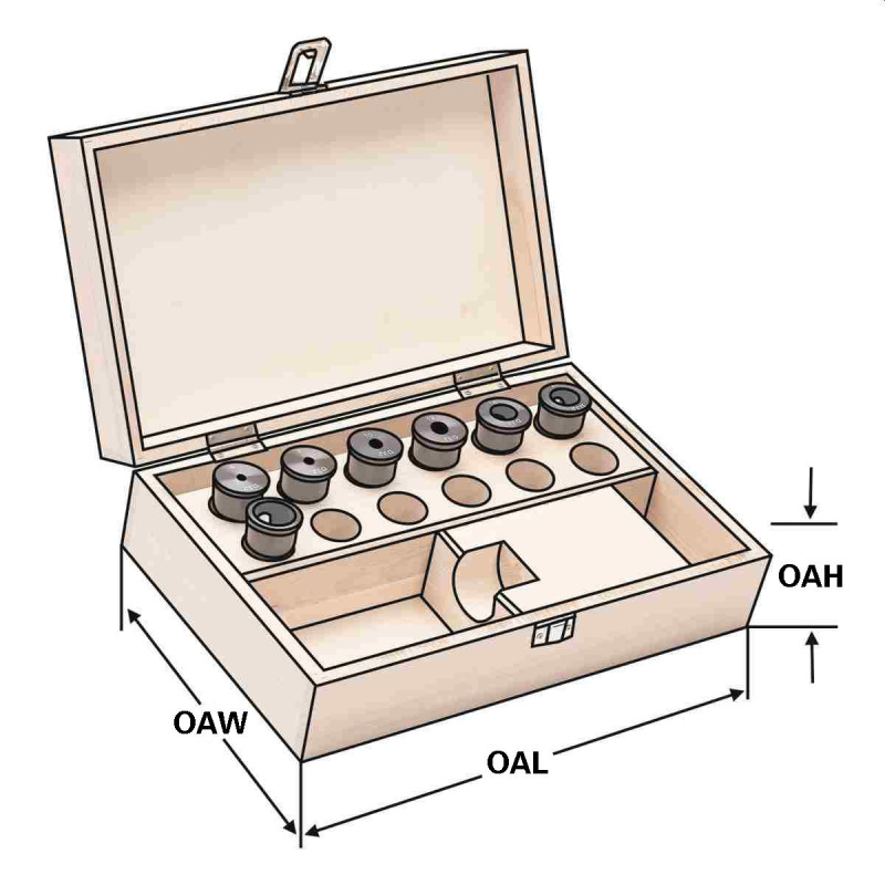 Reduction sleeves for boring bar holders 8 pcs set in wooden case