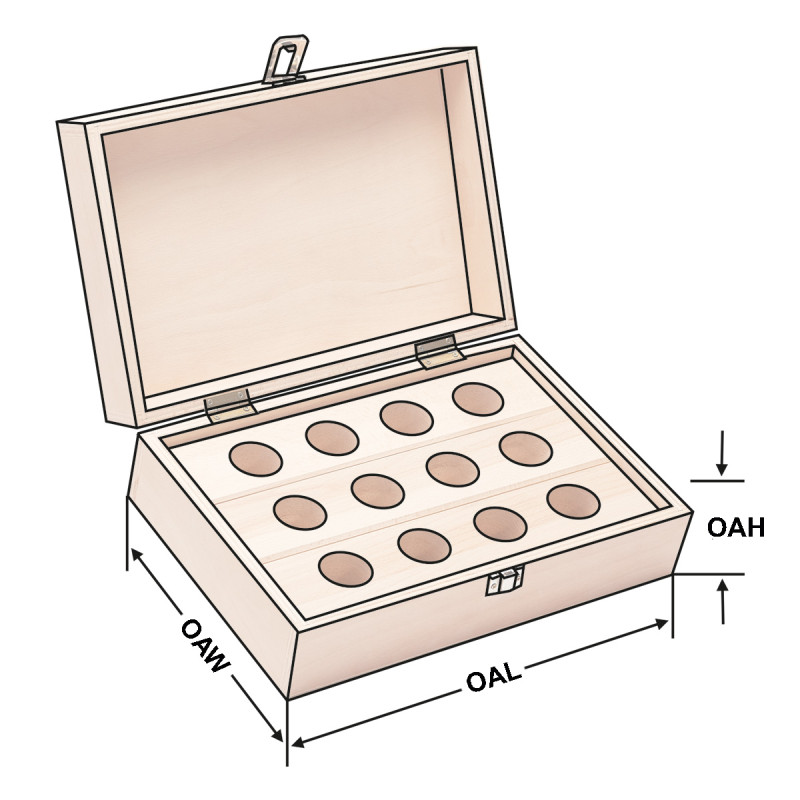 Wooden boxes, empty - 12 holes Ø 25 mm for tapping adapters size 1