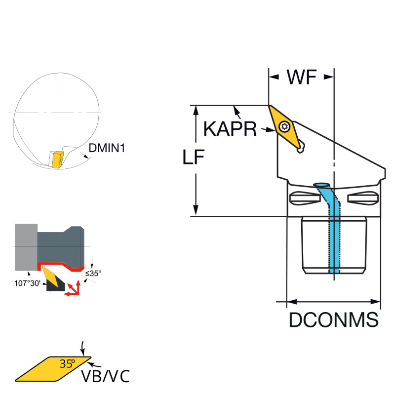 Зовнішній токарний інструмент 107°30 VBMT16.. PSC63-SVHBR-45065-16
