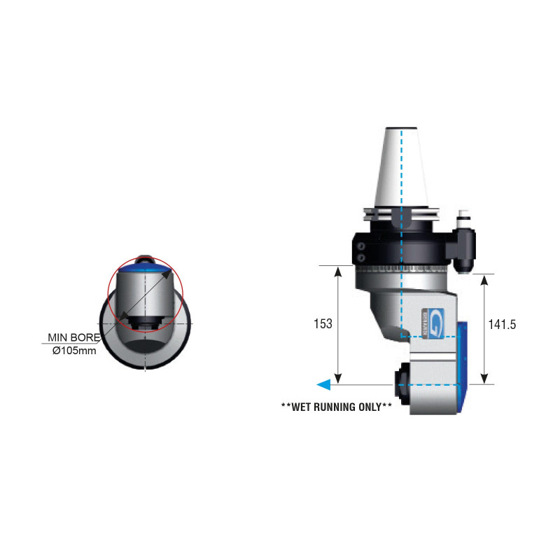 HSK100 90 Degree Offset Evolution Line Angle Head, ATC (Automatic Tool Change), ER32 Output - GER-FR90-20 Series (Gerardi)