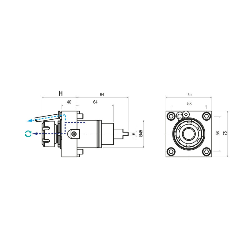 BMT45 Straight Driven Tool ER25, External Coolant, 1 to 1 Ratio (Gerardi)