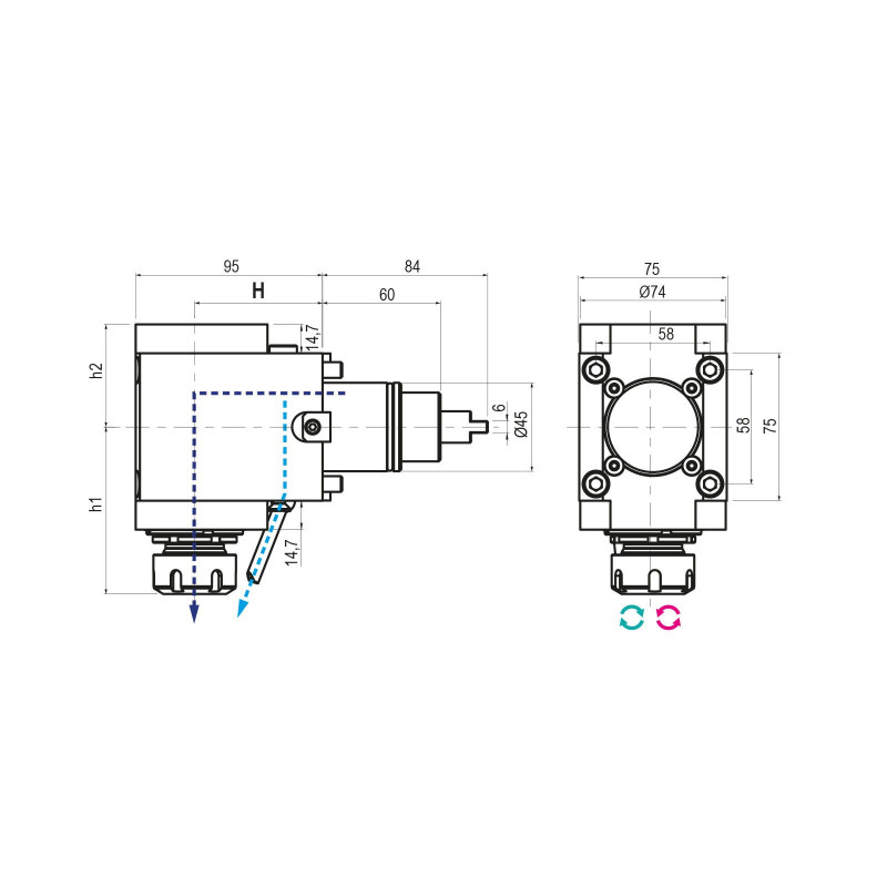 Інструмент BMT45 з прямим кутовим приводом, внутрішній потік охолоджувальної рідини ER25 (80 бар), співвідношення 1:1, H65 (Gerardi)
