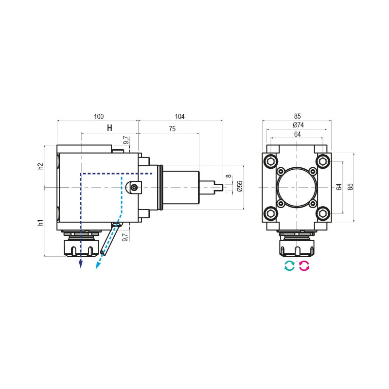 BMT55 Right Angle Driven Tool ER25 External Coolant, 1 to 1 Ratio, H70 (Gerardi)