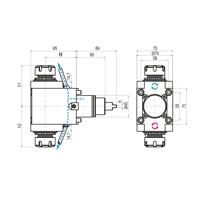 BMT45 Right Angle Double Output Driven Tool ER25 External Coolant, 1 to 1 Ratio, H65 (Gerardi)