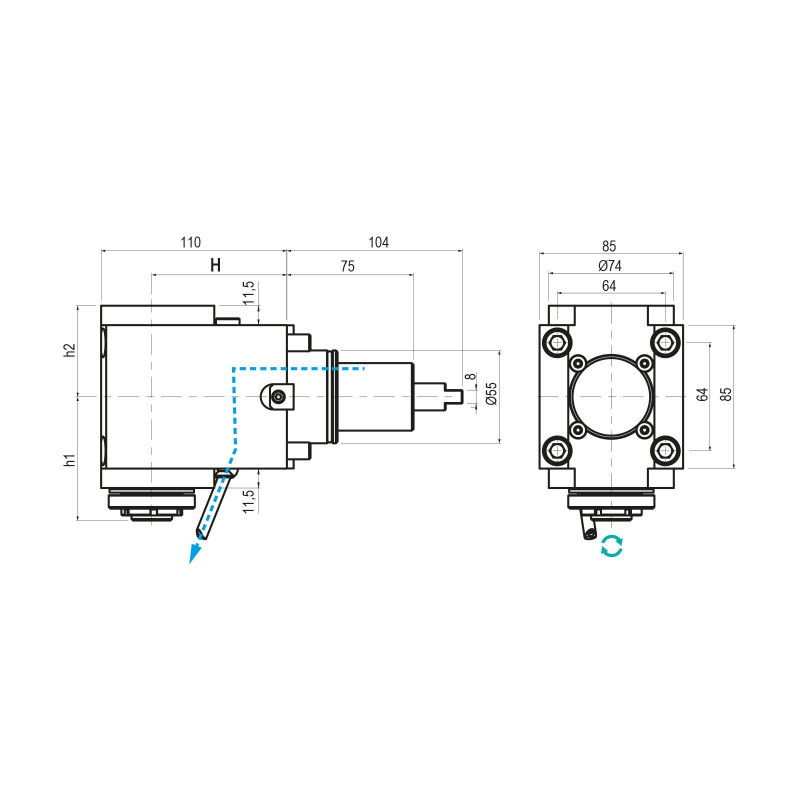 Інструмент BMT55 з прямим кутом приводу, зовнішня подача охолодження ER16, співвідношення 1:4, H70 (Gerardi)