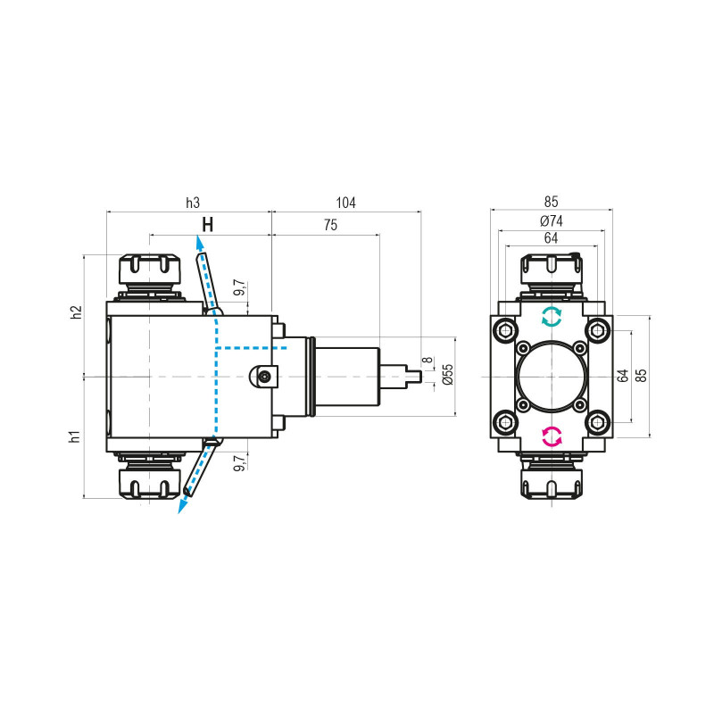 BMT55 Right Angle Double Output Driven Tool ER25 External Coolant, 1 to 1 Ratio, H70 (Gerardi)