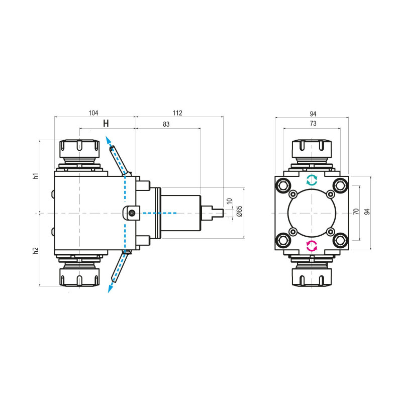 BMT65 Right Angle Double Output Driven Tool ER32 External Coolant, 1 to 1 Ratio, H72 (Gerardi)