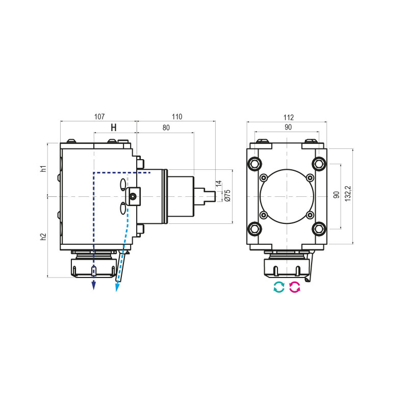 BMT75 Right Angle Driven Tool ER40 External Coolant, 1 to 1 Ratio, H60 (Gerardi)