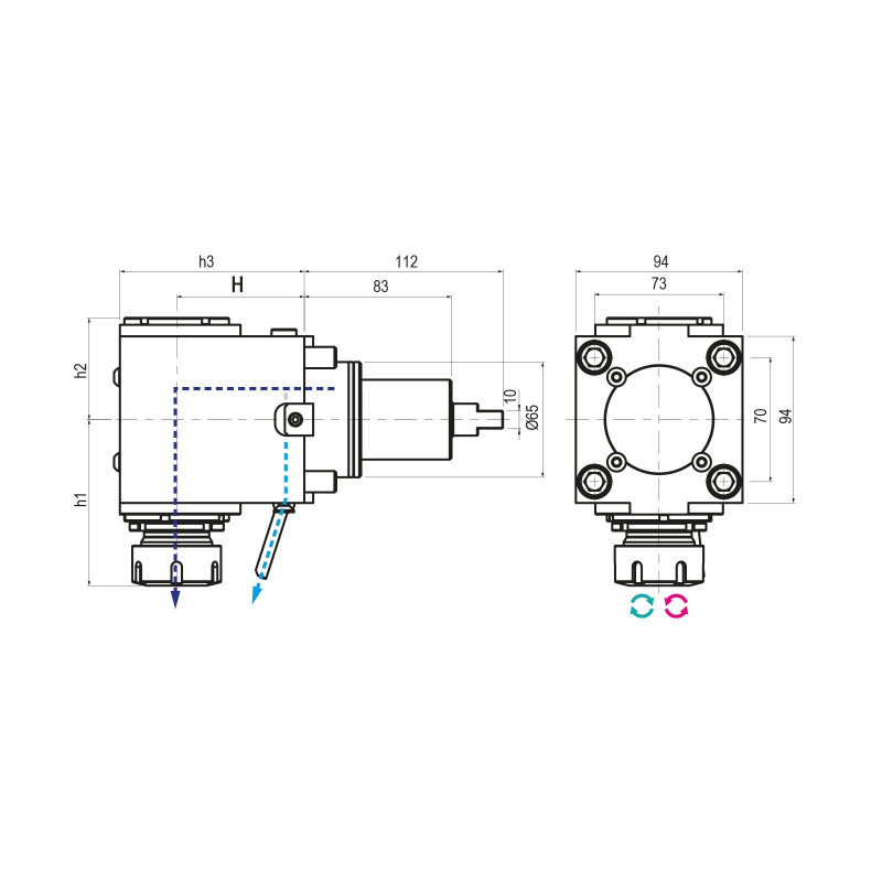 BMT65 Right Angle Driven Tool ER32 External Coolant, 1 to 1 Ratio, H72 (Gerardi)
