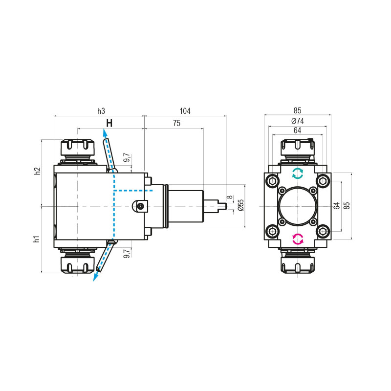 BMT55 Adjustable Driven Tool ER20 Internal (80 bar) Coolant, 1 to 1 Ratio, H65 (Gerardi)